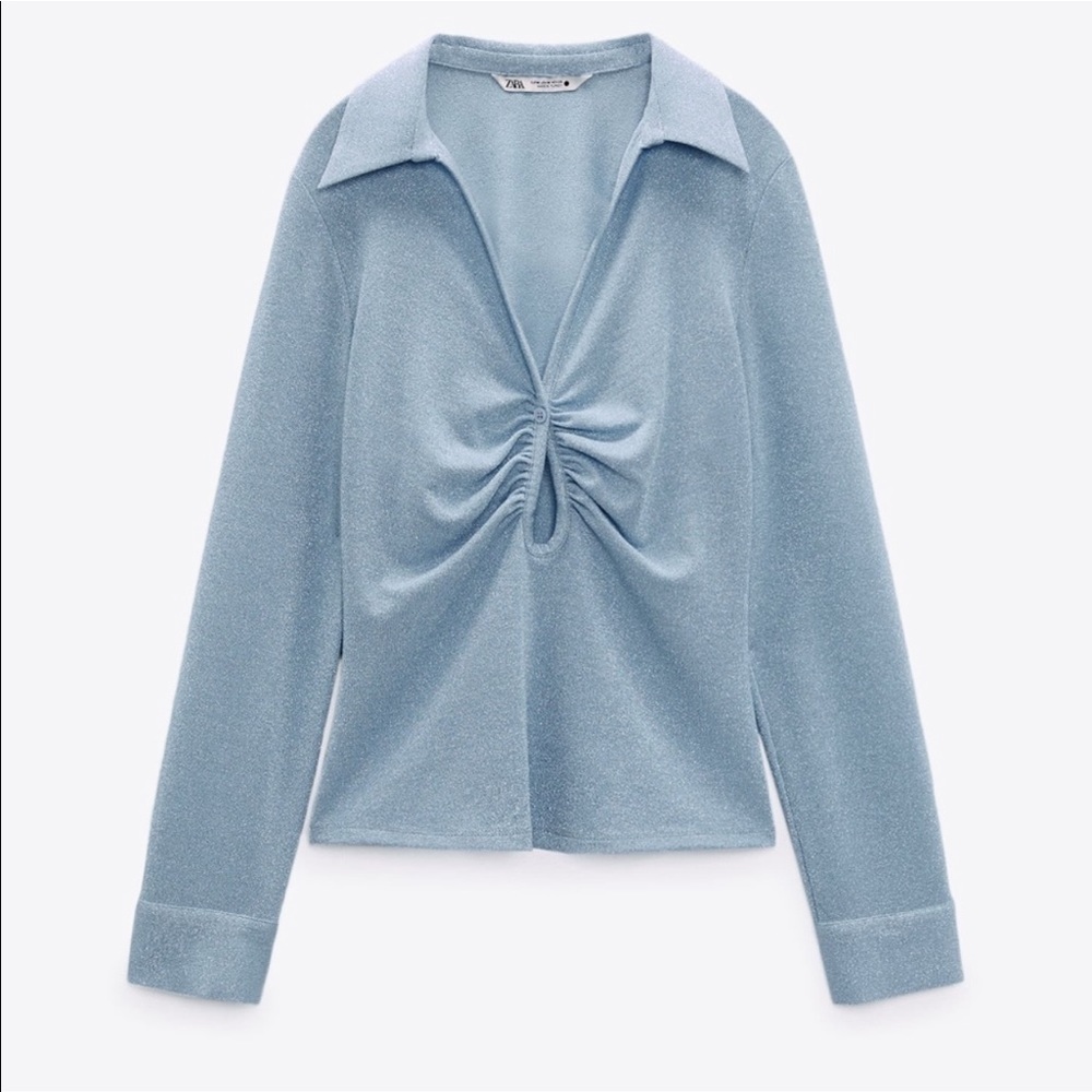 NWT Zara Light Blue Open Detail Ruched Top - Picture 3 of 14